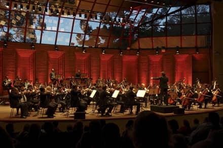 Orchestra performing on stage in a concert hall