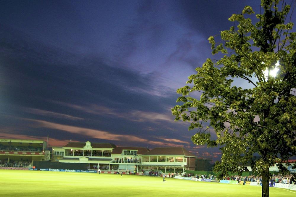 The Spitfire Ground, St Lawrence in Canterbury with the pavilion and cricket ground at dusk